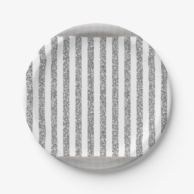 Paper Plates, Silver Gray & White Stripe Plates (Front)