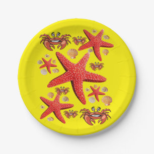 Paper Plates, Starfish Crabs Yellow Red Plates