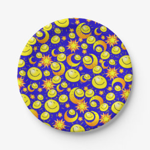 Paper Plates, Sun Moon Yellow Orange Stars Blue Plates