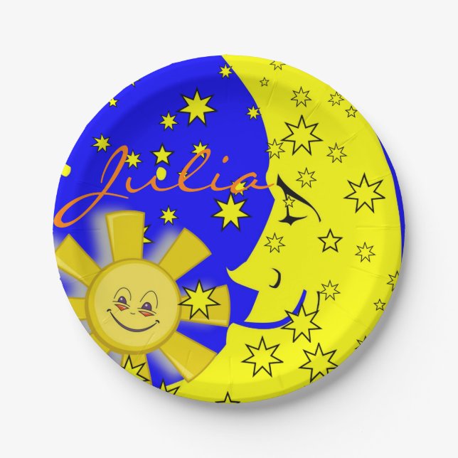 Paper Plates, Sun Moon Yellow Stars Blue Plates (Front)