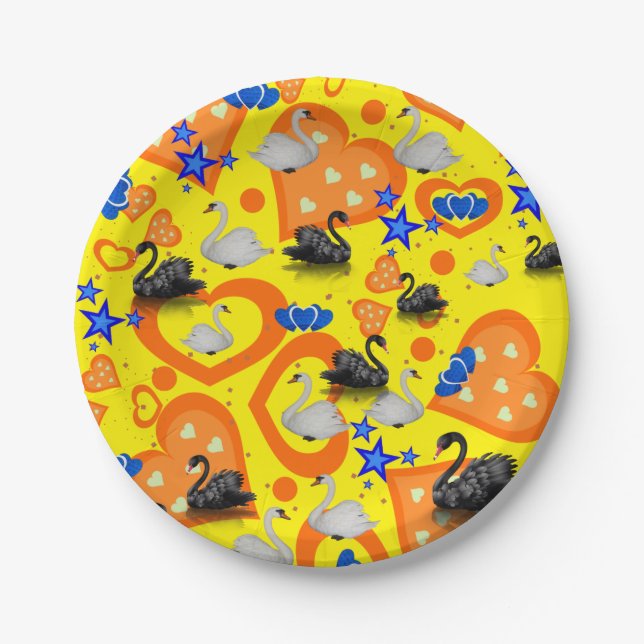 Paper Plates, Swans Orange Hearts Blue Stars Plates (Front)