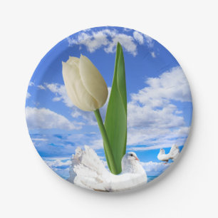 Paper Plates, Tulip Floral White Birds Plates