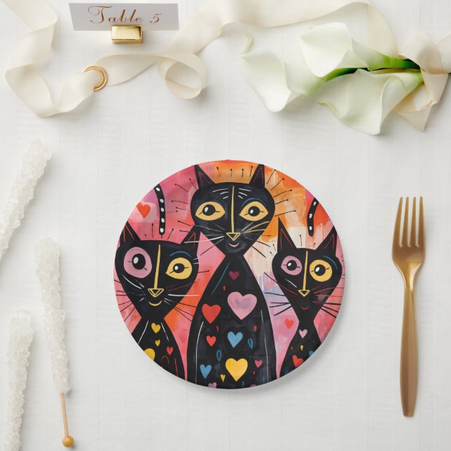 Paper plates Valentine's Day Cat Red Hearts  (Wedding)