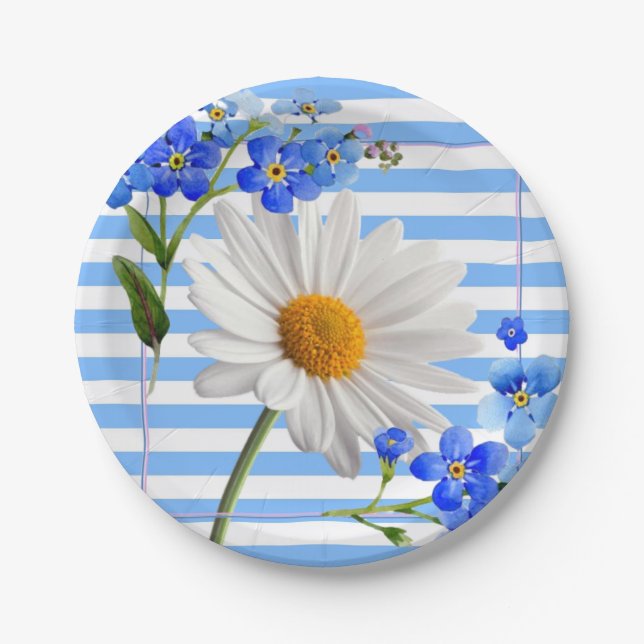 Paper Plates, White Daisy Stripe Floral Flowers Paper Plates (Front)