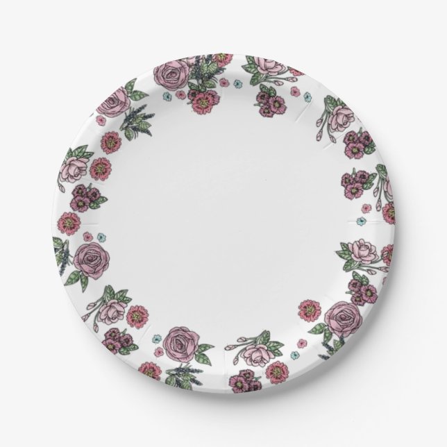 Paper Plates, White Floral Flowers Paper Plates (Front)
