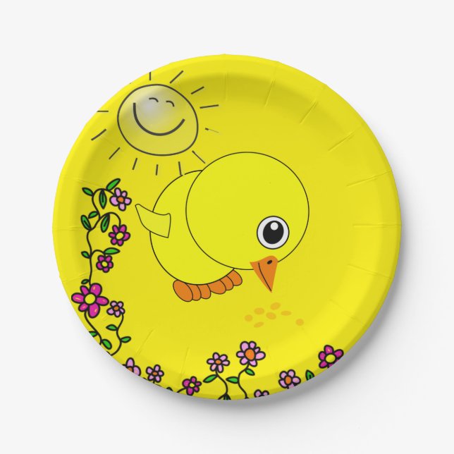 Paper Plates, Yellow Chick Sun Floral Paper Plates (Front)