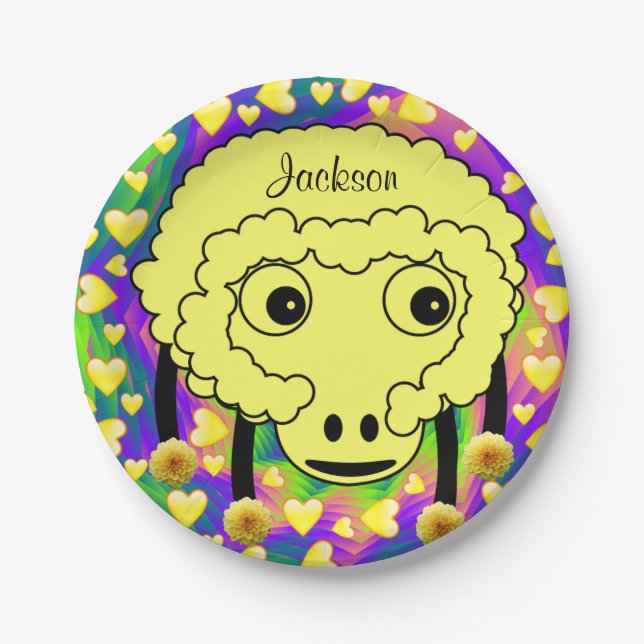 Paper Plates, Yellow Sheep Yellow Hearts Paper Plates (Front)