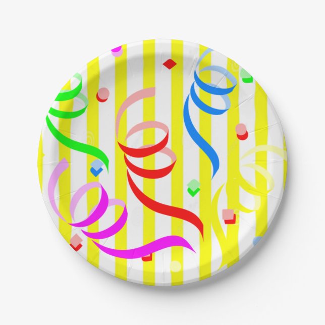 Paper Plates, Yellow & White Stripe Confetti Plates (Front)