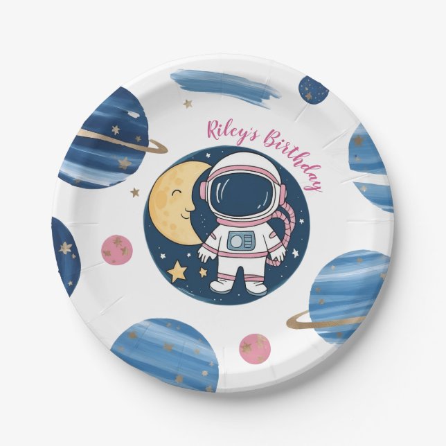 Paper Plato Birthday Astronaut Pink Blue Paper Plates (Front)
