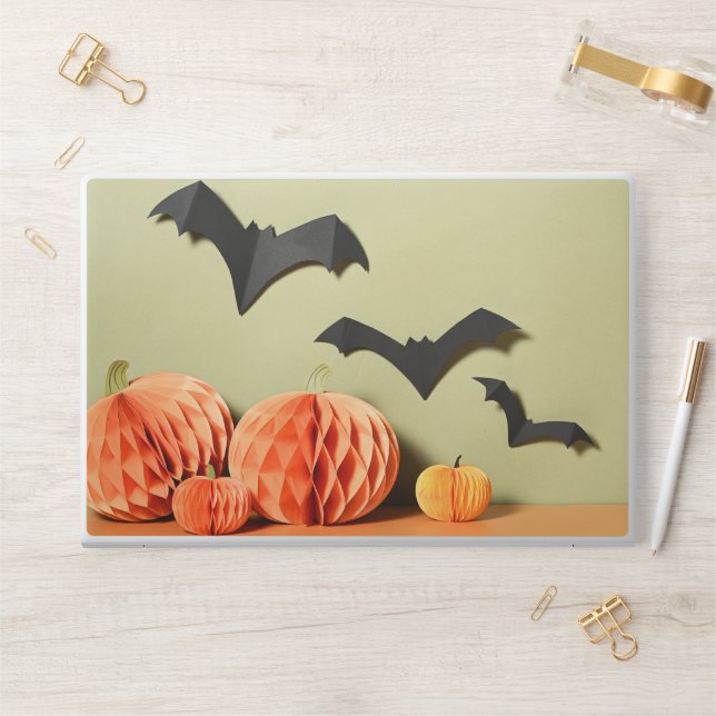 Paper Pumpkins & Bats on Green Background HP Laptop Skin (Desk)