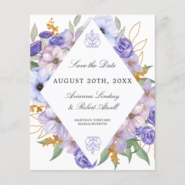 PAPER Purple Floral Save the Date Card (Front)