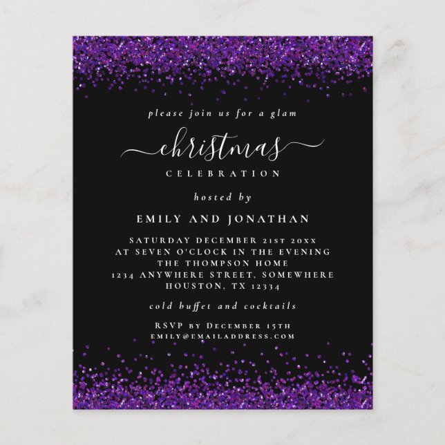 PAPER Purple Glitter Christmas Party Black Invite (Front)
