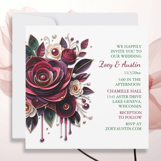 Paper Quilling Burgundy Roses and Pearls Invitation (Creator Uploaded)