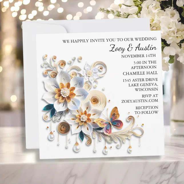 Paper Quilling Flowers and Butterfly Wedding Invitation | Zazzle