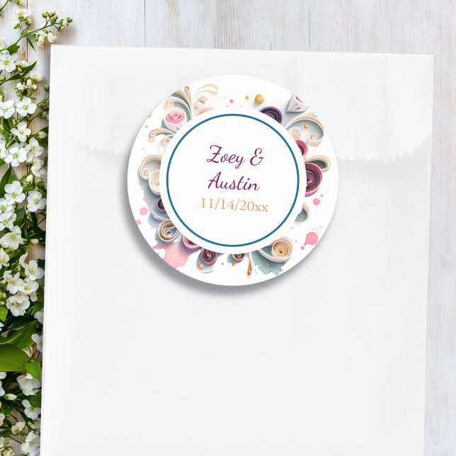 Paper Quilling Flowers Elegant Personalized Classic Round Sticker (Creator Uploaded)