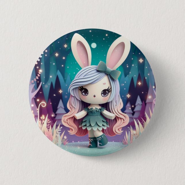 Paper Rabbit Girl (Cute Origami) Button (Front)