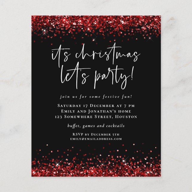 PAPER | Red Glitter Christmas Lets Party Invite (Front)