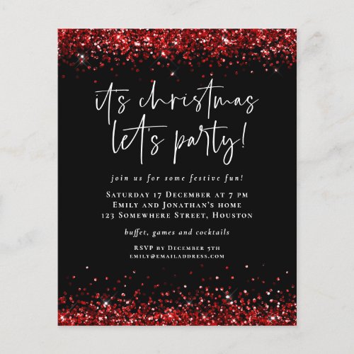 PAPER  Red Glitter Christmas Lets Party Invite