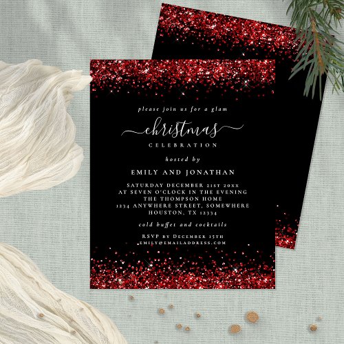 PAPER Red Glitter Christmas Party Black Invite