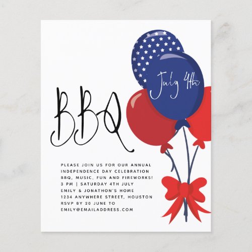 PAPER  Red White Blue Balloons July 4 BBQ Invite 