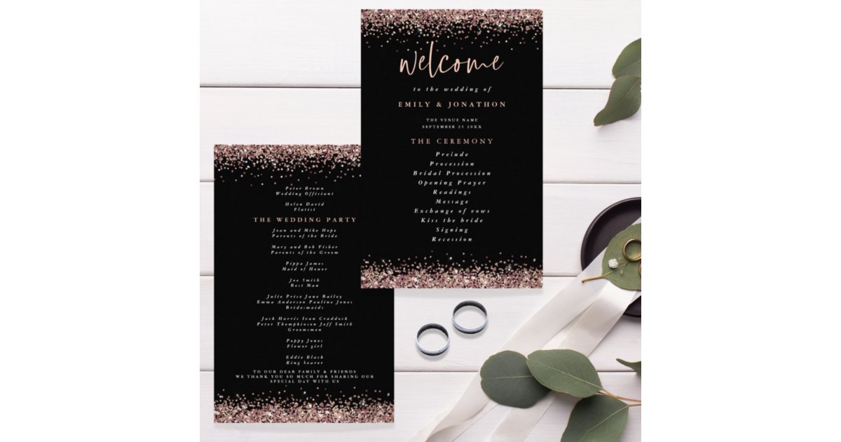 Rose Gold Program PAPER | Rose Gold Glitter Black Wedding Program | Zazzle