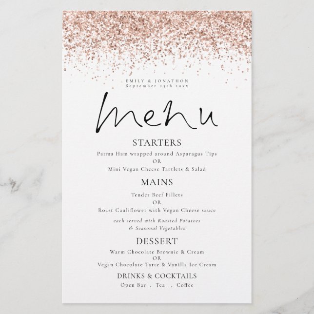 PAPER Rose Gold Glitter Script Wedding Menu (Front)