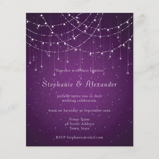 PAPER Royal Purple & String Lights Wedding Invite (Front)