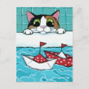 Paper Sail Boats - Calico Cat Art Postcard
