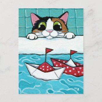 Paper Sail Boats - Calico Cat Art Postcard by LisaMarieArt at Zazzle