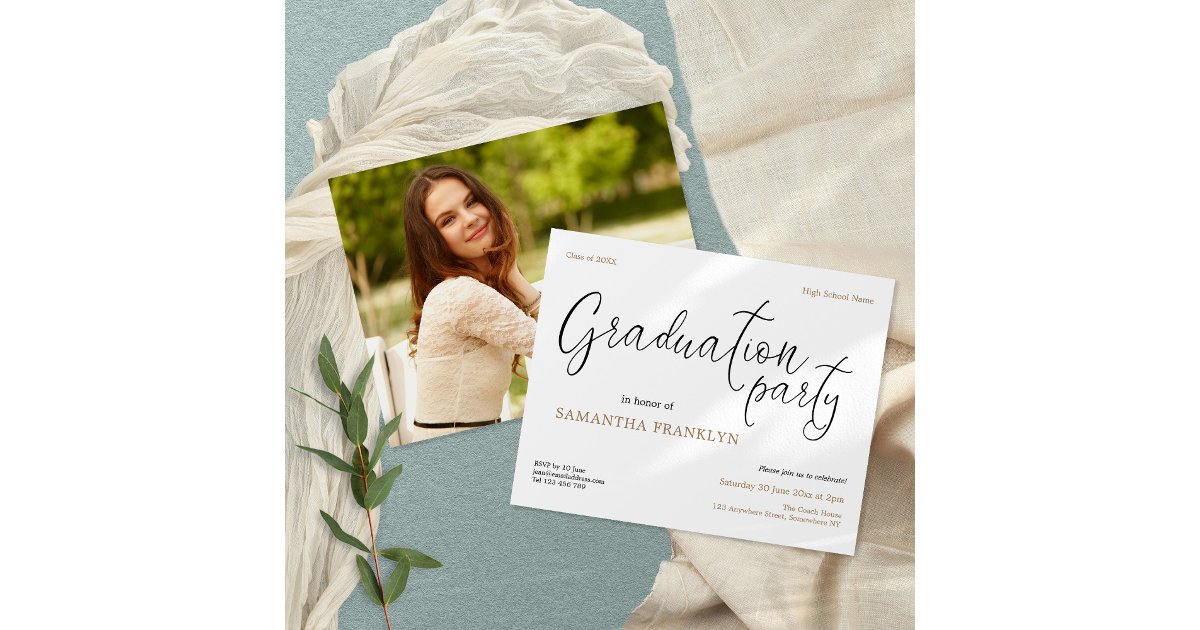 Grad Party Invite Script PAPER Script Text Photo Graduation Party Invite | Zazzle
