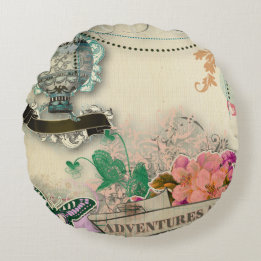 paper shabby chic, french country,vintage,worn,rus round pillow