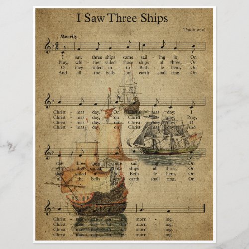 Paper Sheet Music Art - I Saw Three Ships