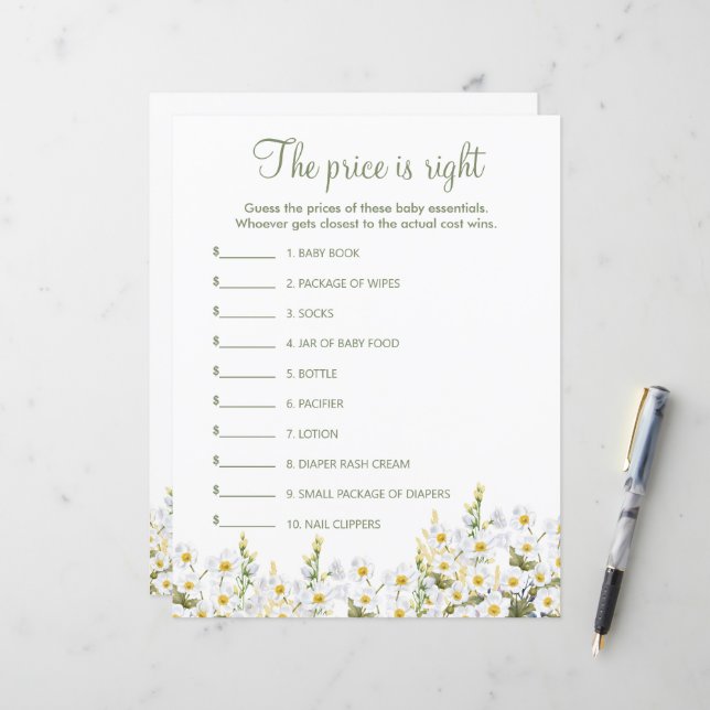 Paper Sheet of baby shower game. (Front/Back In Situ)