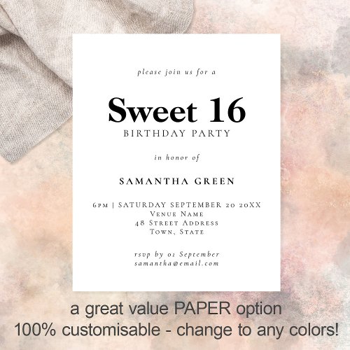 PAPER Simple Any Color Sweet 16 Birthday Invite