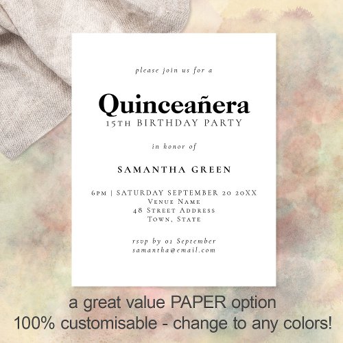 PAPER Simple Quinceaera Any Color Birthday Invite