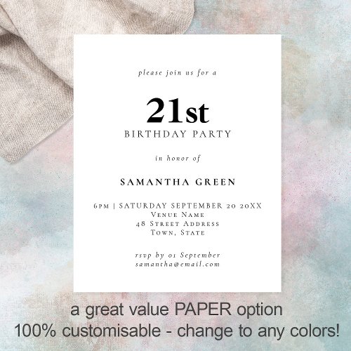 PAPER Simple Text Any Color 21st Birthday Invite
