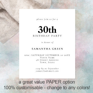 PAPER Simple Text Any Color 30th Birthday Invite