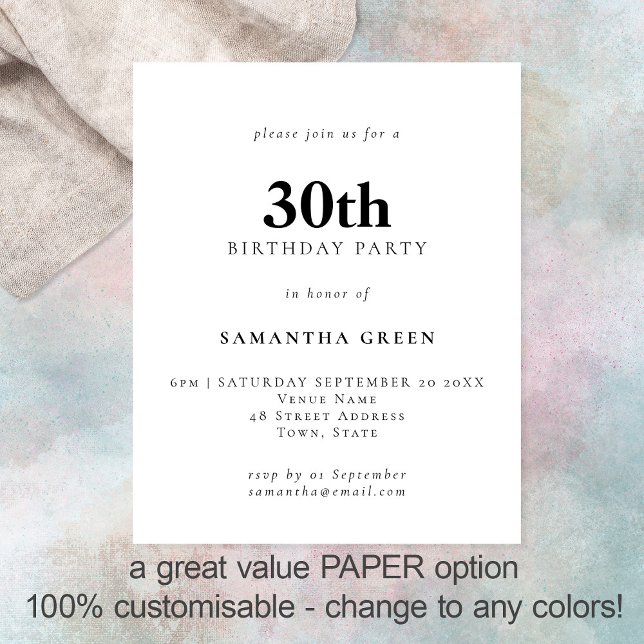 PAPER Simple Text Any Color 30th Birthday Invite (Creator Uploaded)