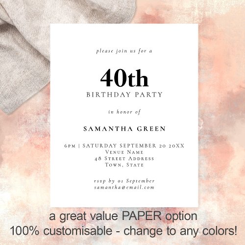 PAPER Simple Text Any Color 40th Birthday Invite