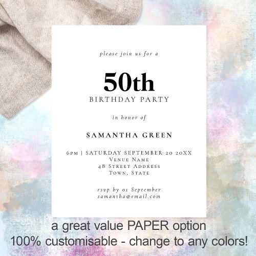 PAPER Simple Text Any Color 50th Birthday Invite