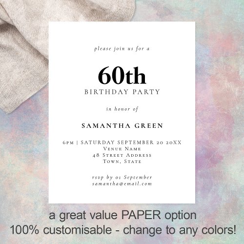 PAPER Simple Text Any Color 60th Birthday Invite