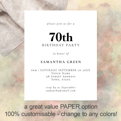 PAPER Simple Text Any Color 70th Birthday Invite
