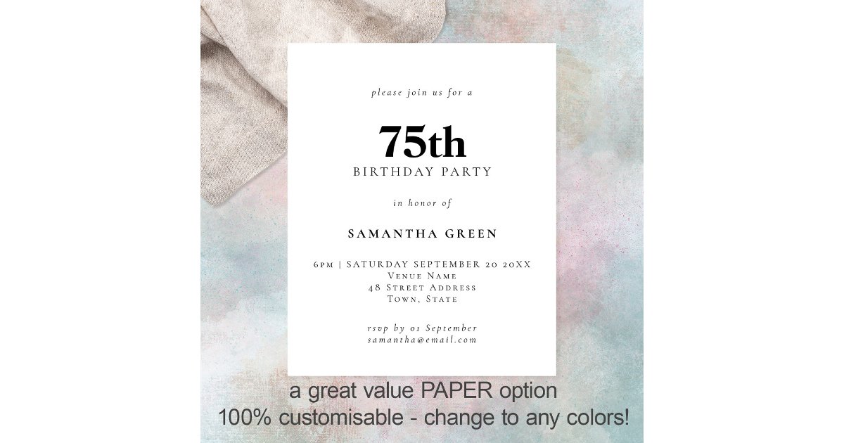 PAPER Simple Text Any Color 75th Birthday Invite | Zazzle