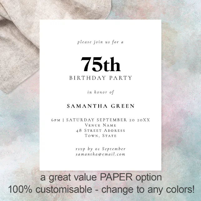 PAPER Simple Text Any Color 75th Birthday Invite | Zazzle