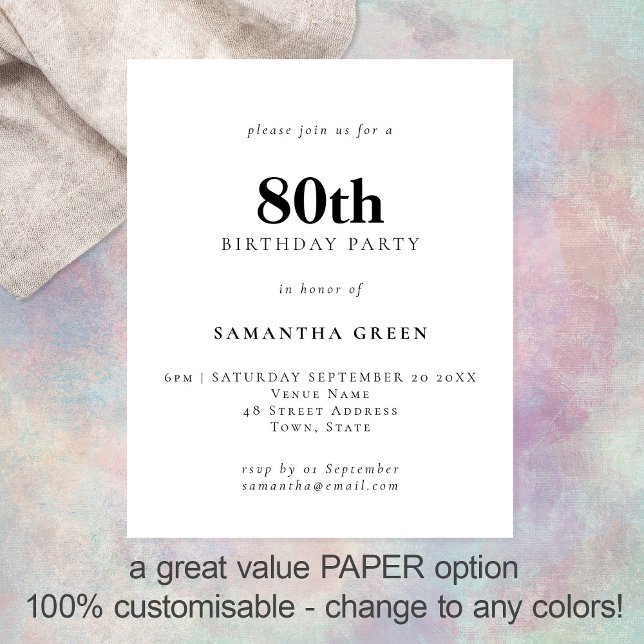 PAPER Simple Text Any Color 80th Birthday Invite (Creator Uploaded)