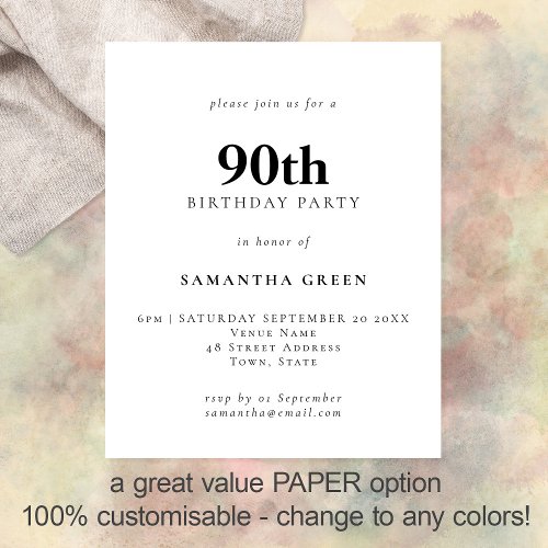 PAPER Simple Text Any Color 90th Birthday Invite