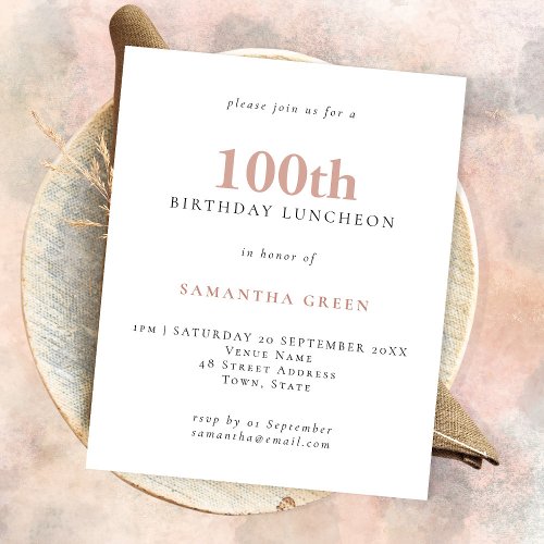 PAPER Simple Text Blush 100th Birthday Invitation
