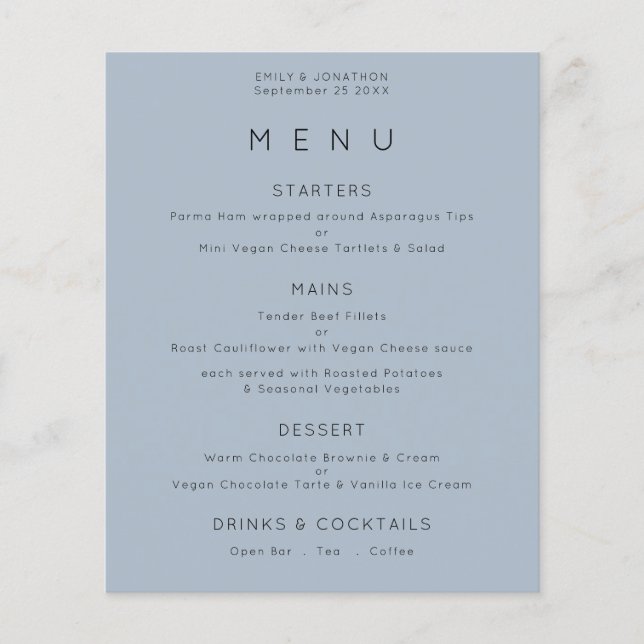 PAPER | Simple Text Dusty Blue Wedding Menu (Front)