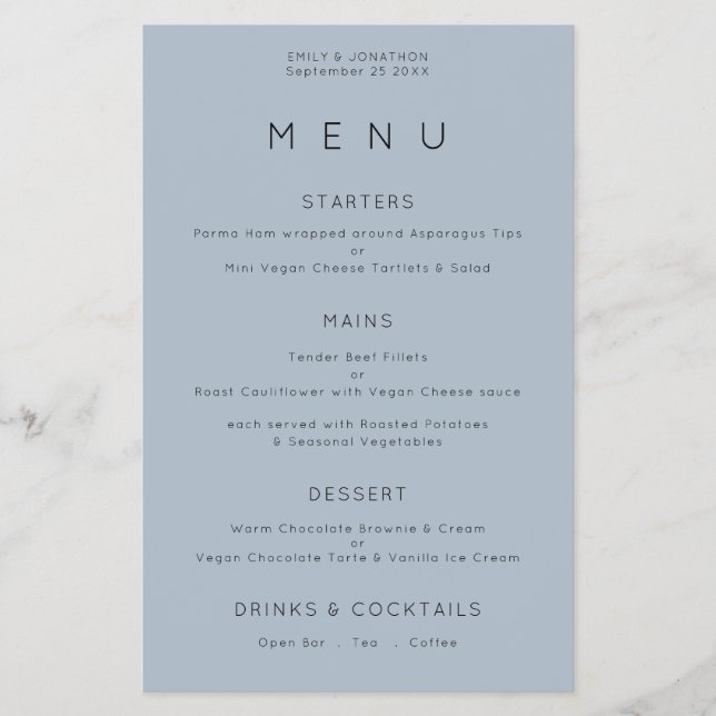 PAPER Simple Typography Dusty Blue Wedding Menu (Front)