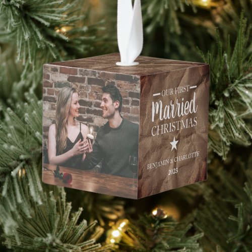 Paper Texture Our First Christmas Married 3 Photo Cube Ornament